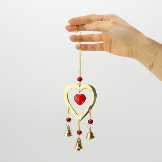 Ruby Glass Heart Bead Brass Chime, 3 Bells