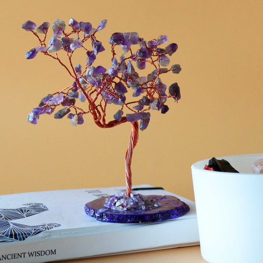 Lrg Gemstone Tree - Amethyst on Natural Agate Base (100 stones) | Auro & Co