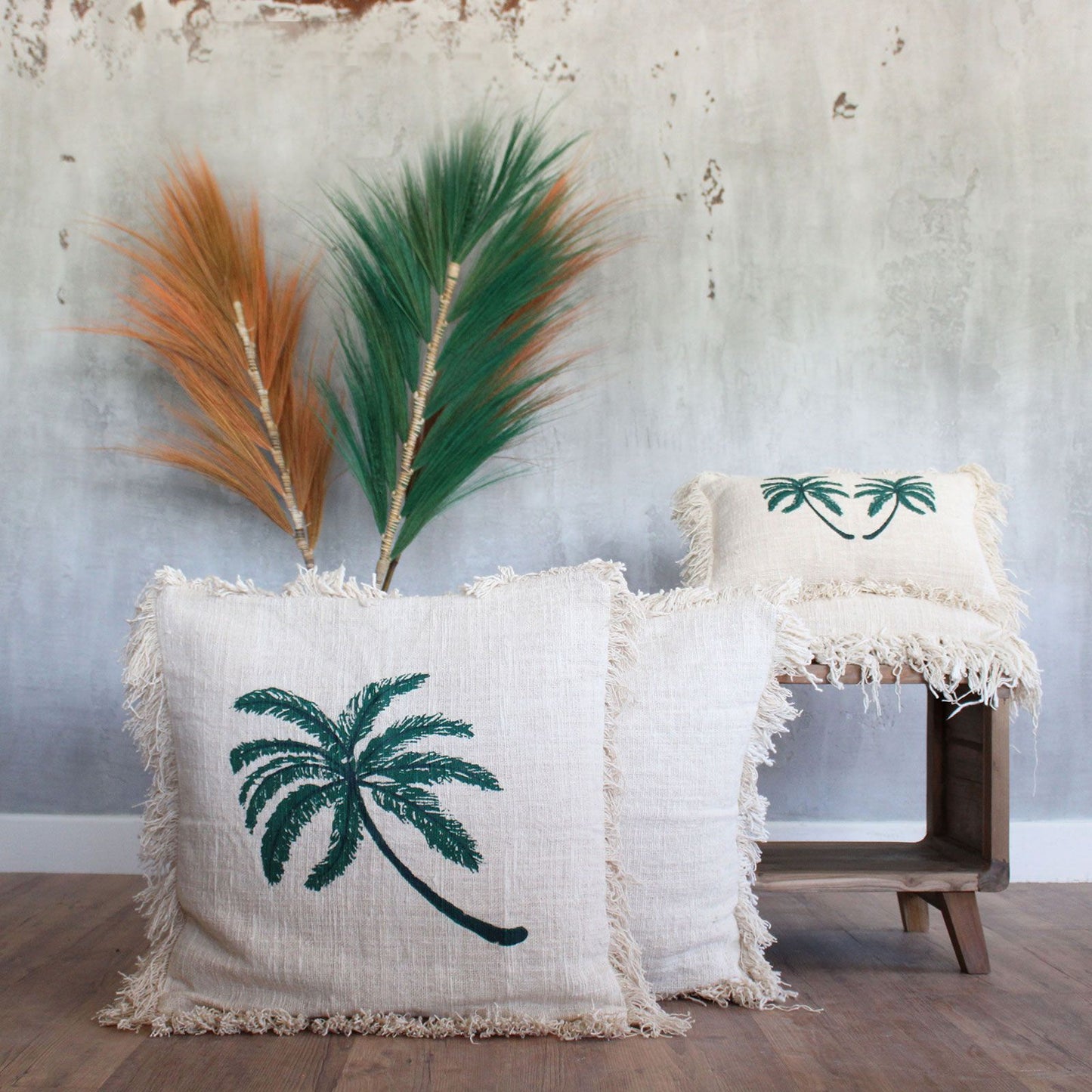 Linen Cushion Cover 45x45cm Palm Tree with Fringe