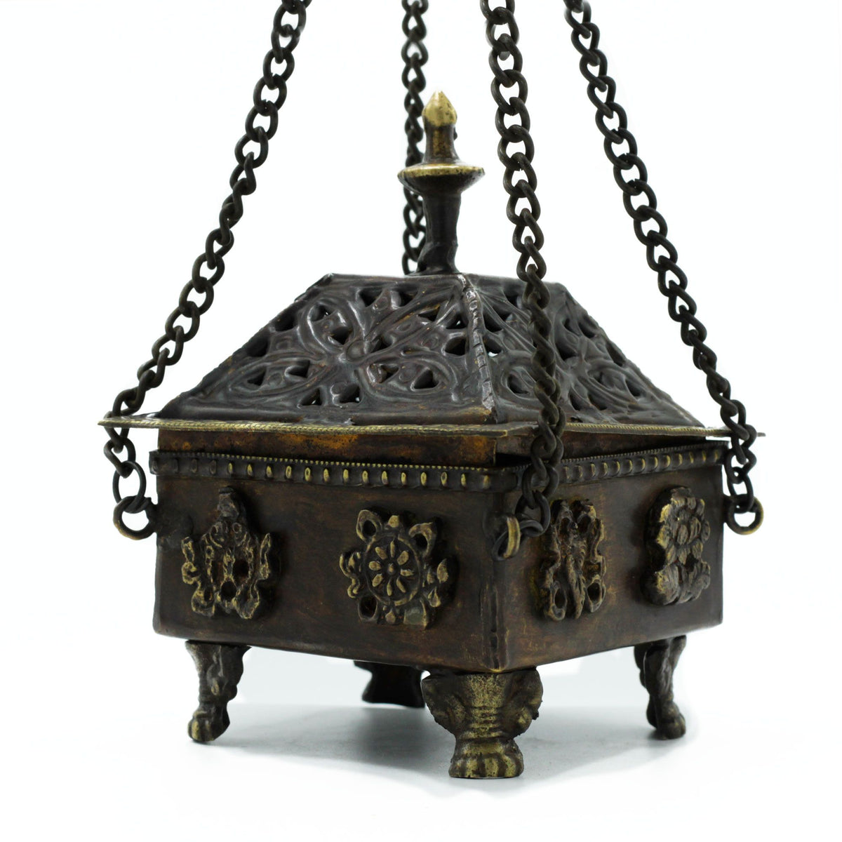 Eight Symbols Brass Tibetan Burner - Square Hanging Pot