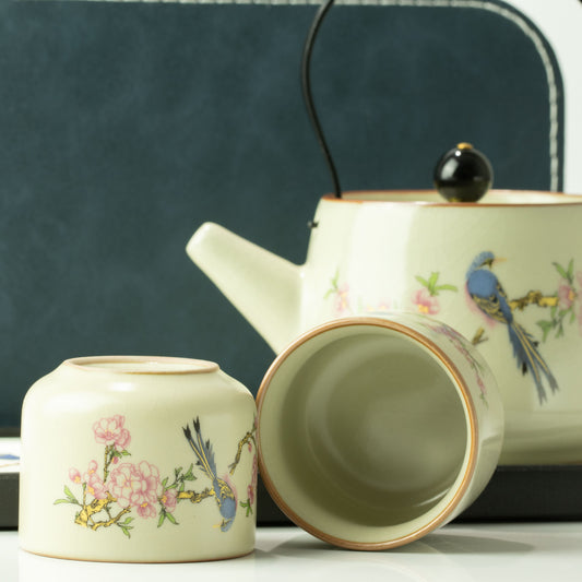 Blue Bird Qing Dynasty Travel Teapot Set, Two Cups