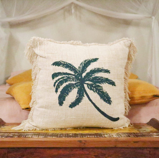 Linen Cushion Cover 60x60cm Palm Tree with Fringe