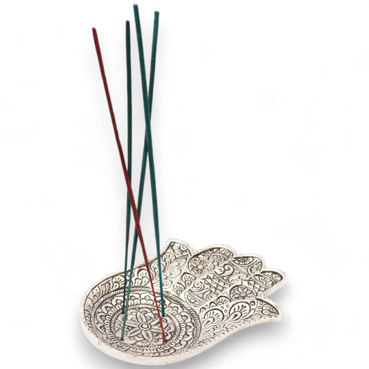 Hamsa Incense Holder - Polished Aluminium, 18x13cm