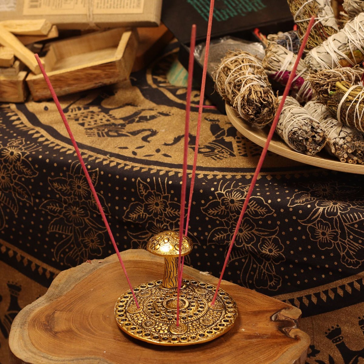 Mushroom Plate Incense Holder, Brass Effect Aluminium, 10cm
