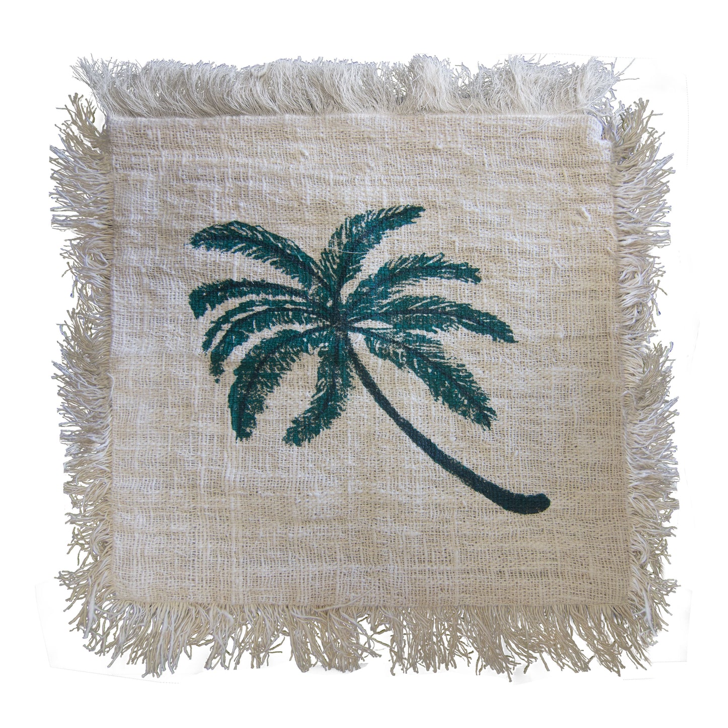 Linen Cushion Cover 60x60cm Palm Tree with Fringe