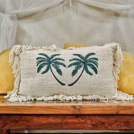 Linen Cushion Cover 30x50cm Palm Tree with Fringe