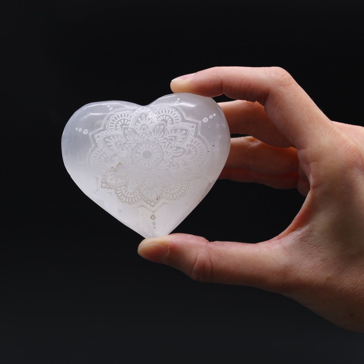 Selenite Heart - 7-8cm - Mandala Engraved – lifestyle shot