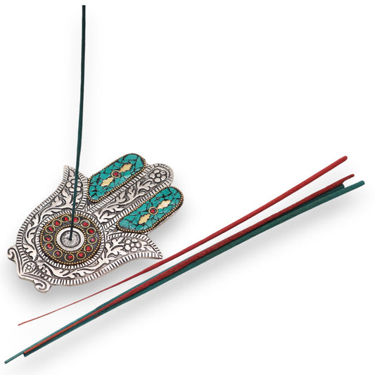 Hamsa Incense Holder - Green Aluminium, 13x5.5cm