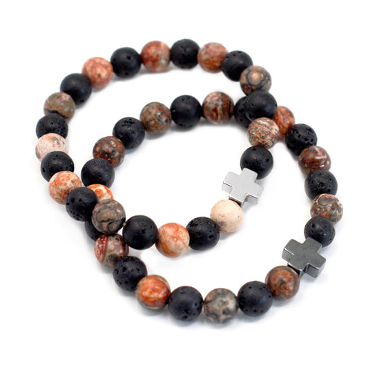 Set of 2 Gemstones Friendship Bracelets - Eternity - Leopard Skin Jasper & Lava Stone – detail view