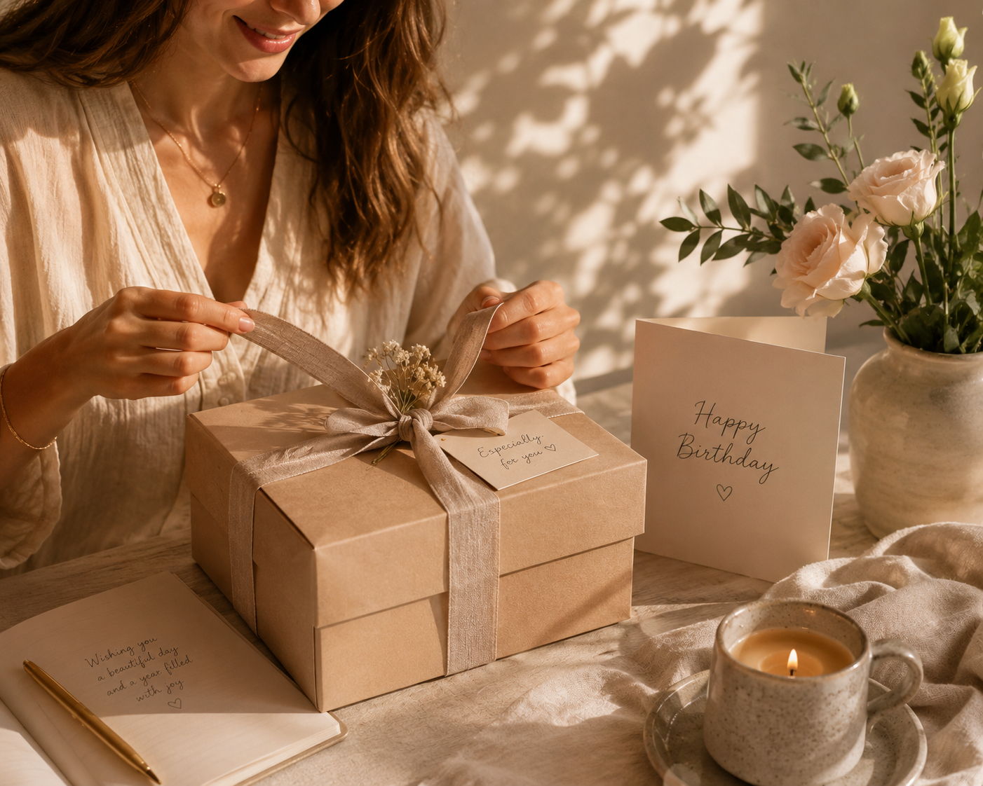 Woman tying ribbon around a birthday gift beside a card and flowers