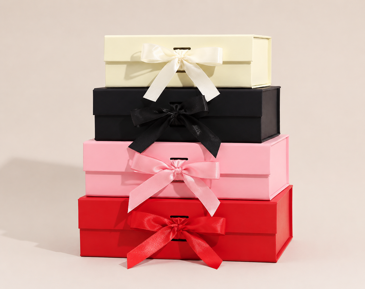 Stack of cream, black, pink and red ribbon gift boxes