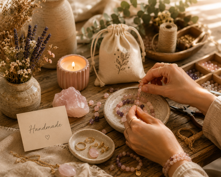 Hands making a rose quartz bracelet at an artisan worktable