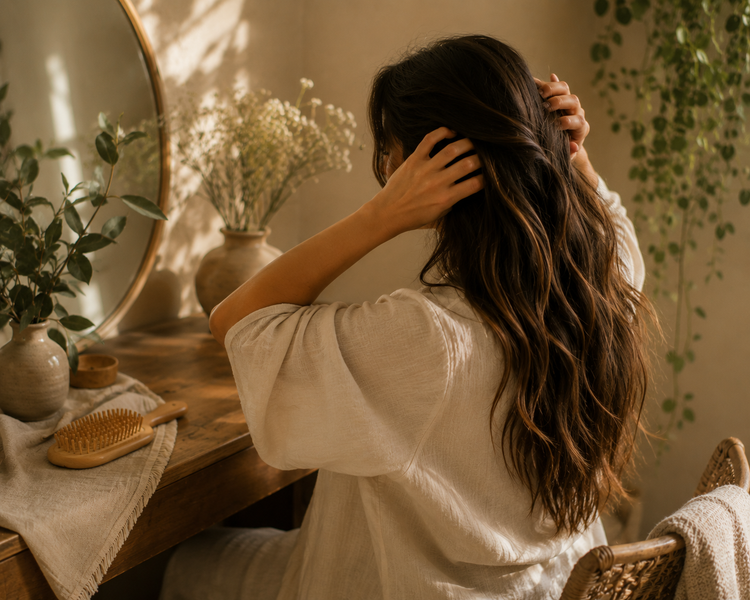 Woman tending long dark hair at a dressing table with a wooden hairbrush