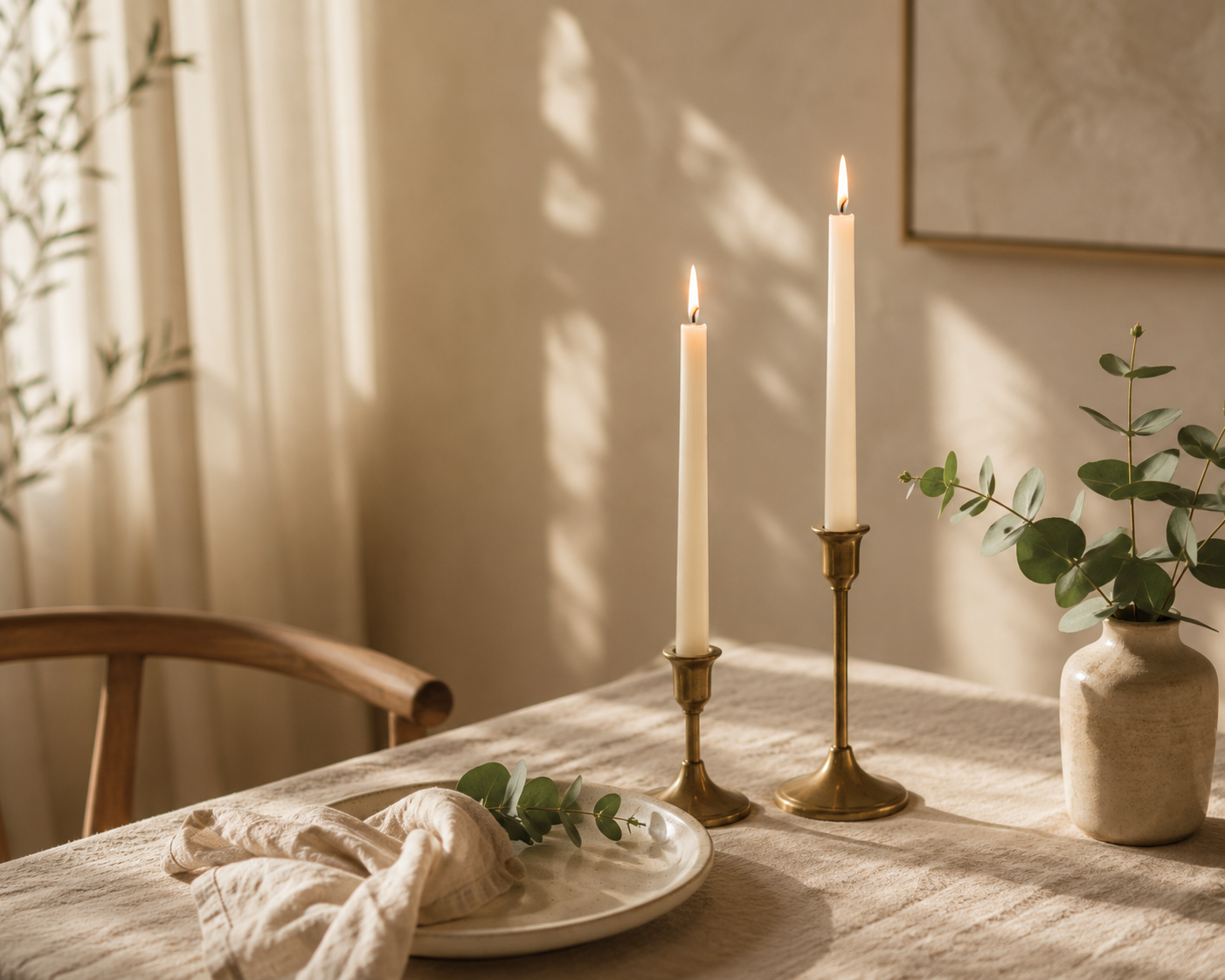 Two lit ivory taper candles in brass holders on a dining table