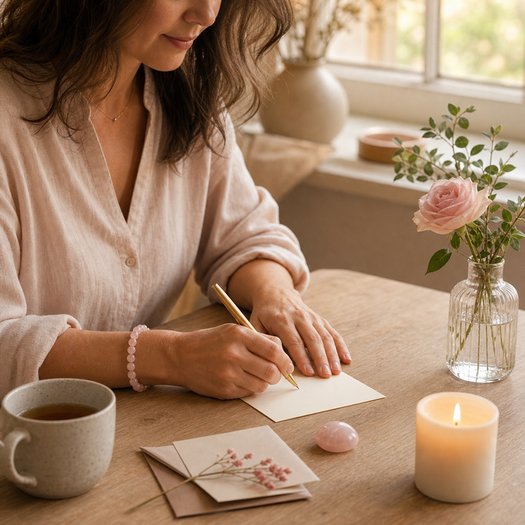 Woman writing a card beside rose quartz, a candle and a pink rose