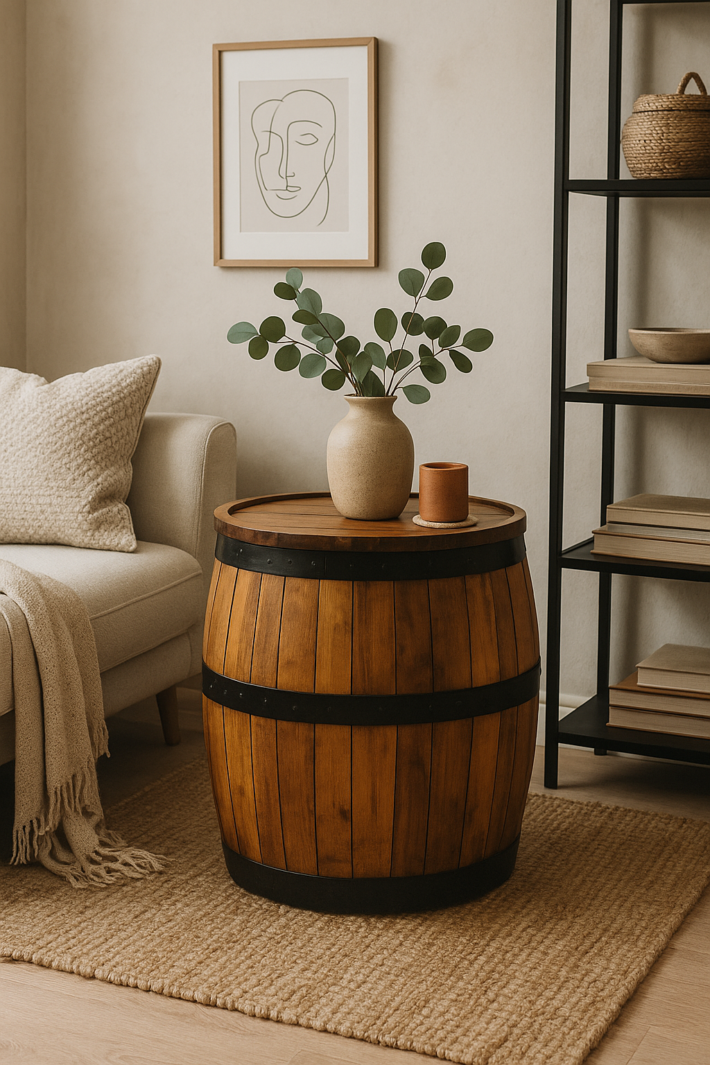 Ceramic vase with eucalyptus on a wooden barrel side table