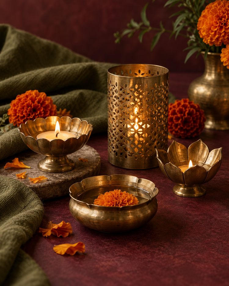 Brass candle holders and diya lamps on burgundy and olive fabric