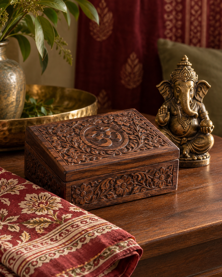 Carved wooden Om keepsake box with a brass Ganesha statue