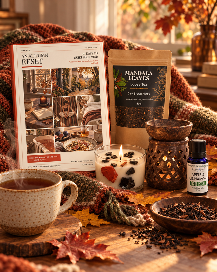 Autumn Reset with artisan tea, Apple and Cinnamon aroma oil, soapstone oil burner and Root Chakra crystal candle