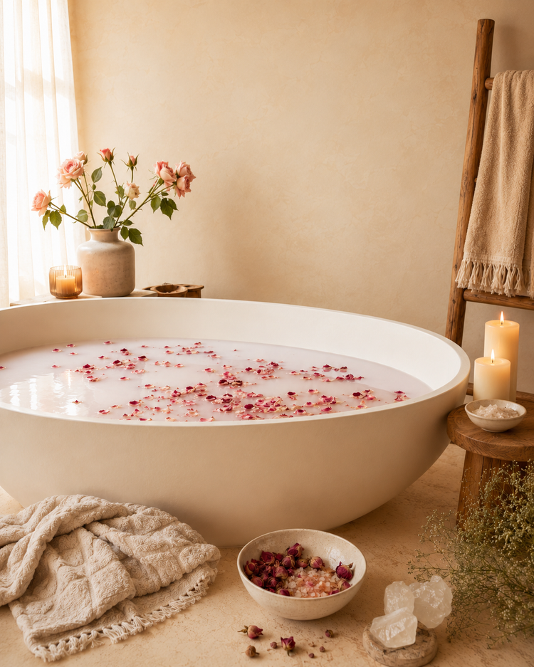 Rose bath ritual with milky bath water, rose petals, candlelight, bath salts and selenite