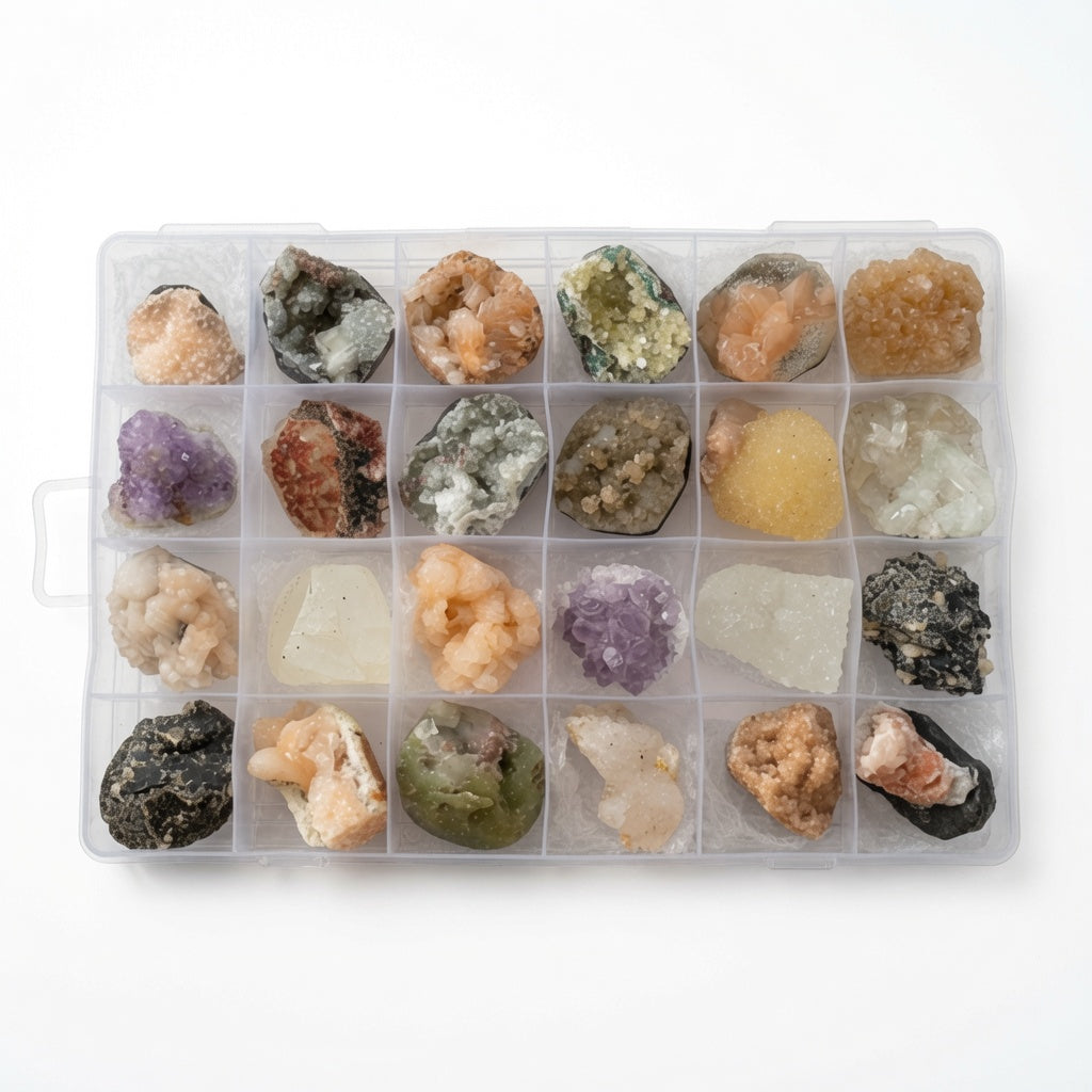 Mineral Specimens - Mixed Indian Zeolites in a Display (White Apophyllite, Stilbite,Finger Quartz, Amethyst, Green Stilbite, Heulandite) – product image 10