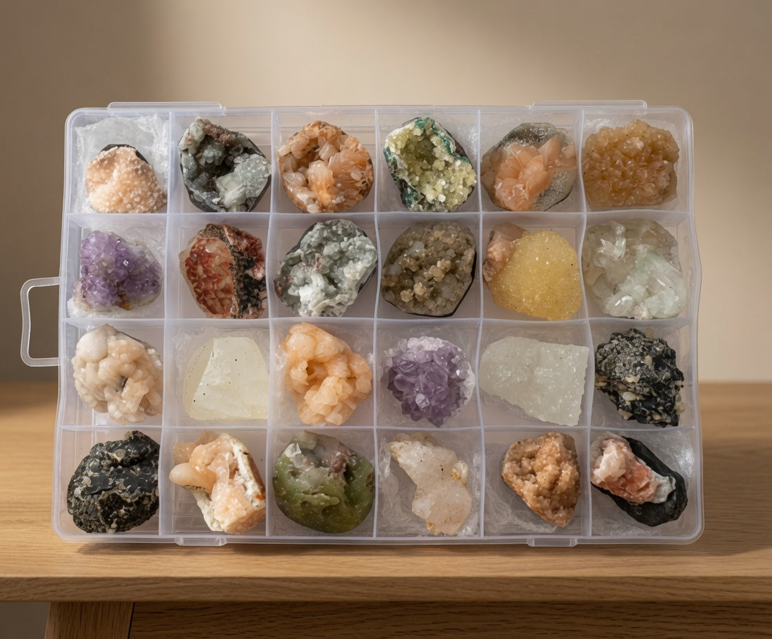 Mineral Specimens - Mixed Indian Zeolites in a Display (White Apophyllite, Stilbite,Finger Quartz, Amethyst, Green Stilbite, Heulandite) – product image 11