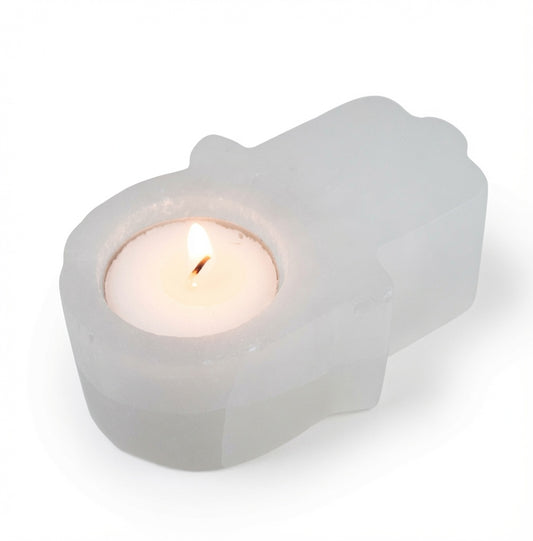 Selenite Hamsa Candle Holder 