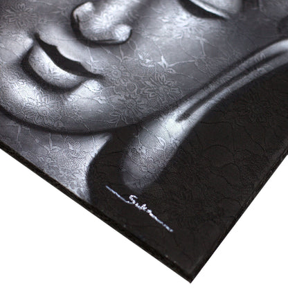 Silver Serenity Buddha – Brocade Detail Painting (80×60cm)