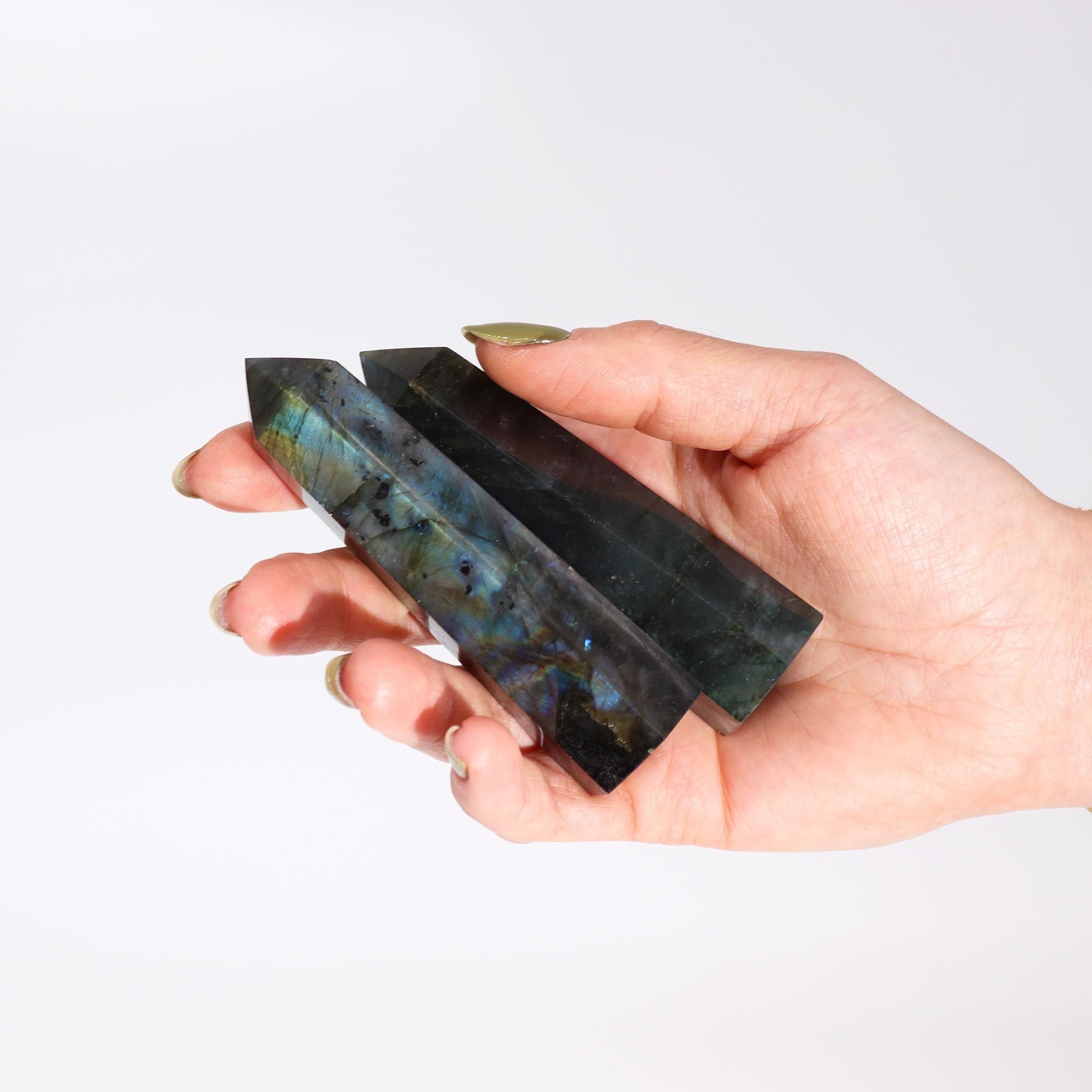 Madagascar Labradorite Point (approx 50-65gm 100x28mm) – lifestyle shot