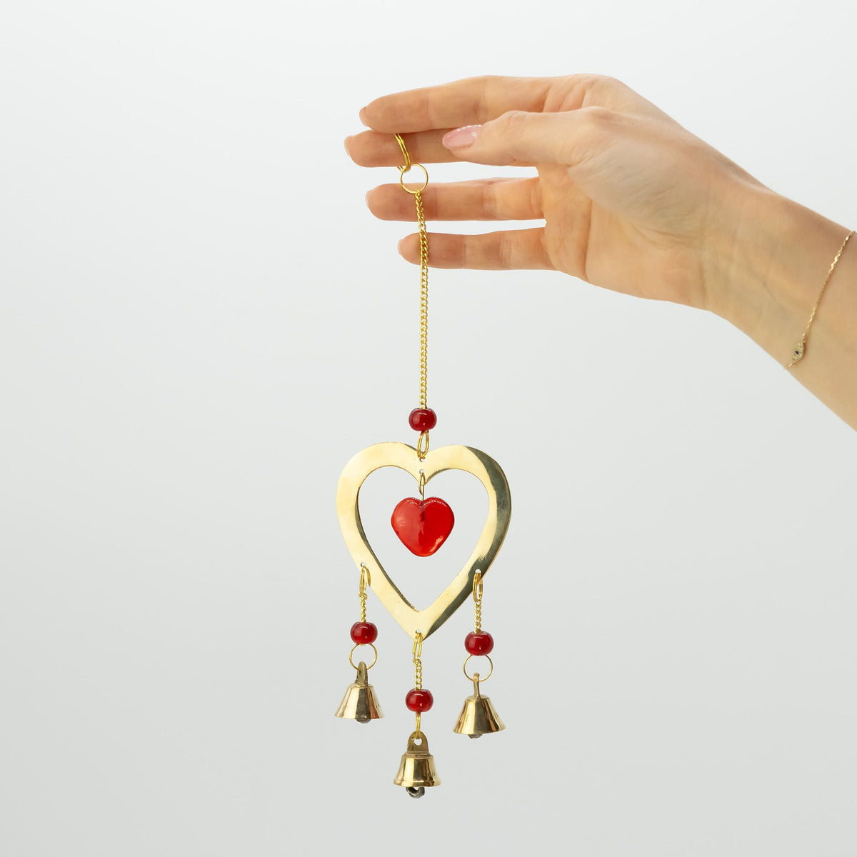 Ruby Glass Heart Bead Brass Chime, 3 Bells