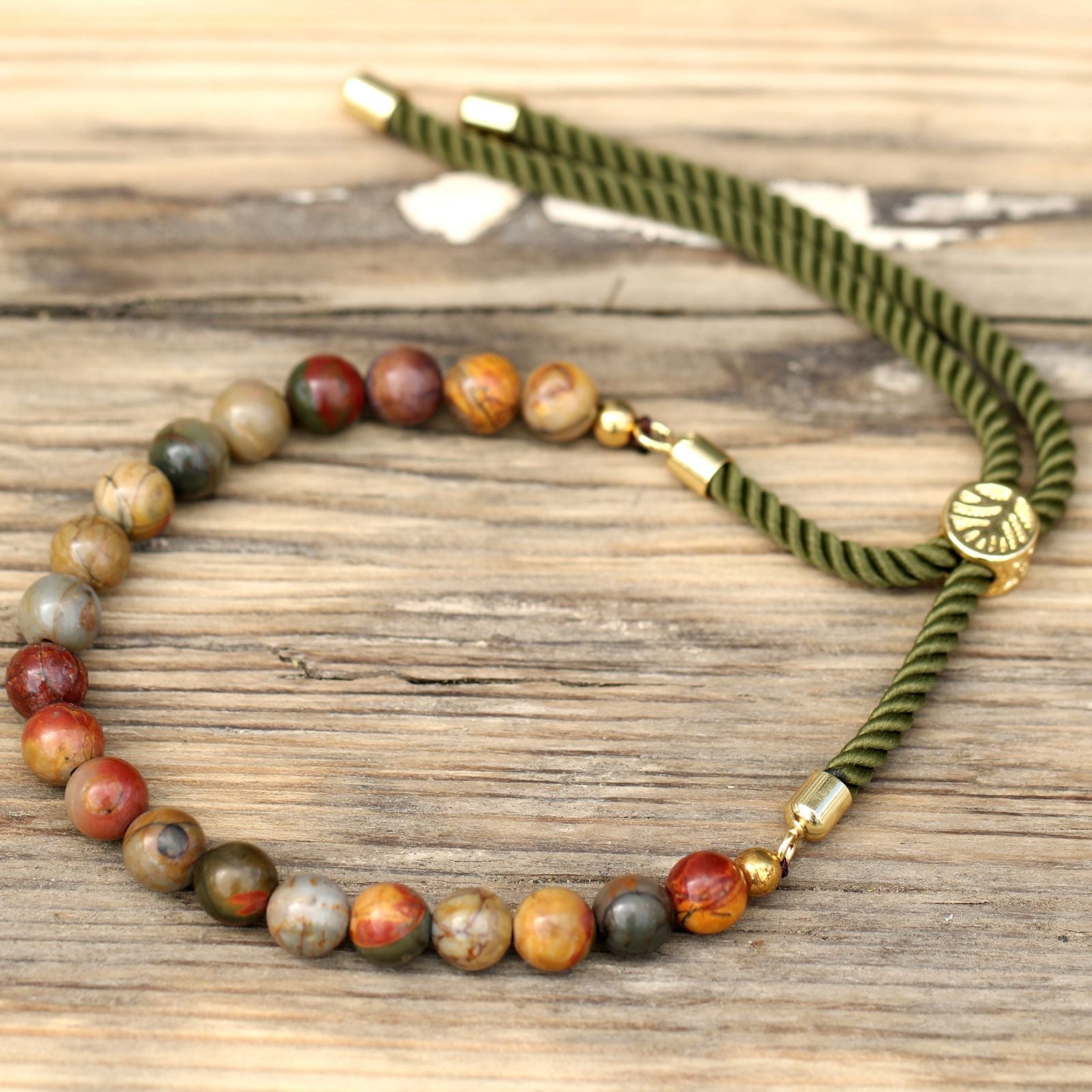 18K Gold Plated Gemstone Moss String Bracelet -  Picasso Jasper – product image 5