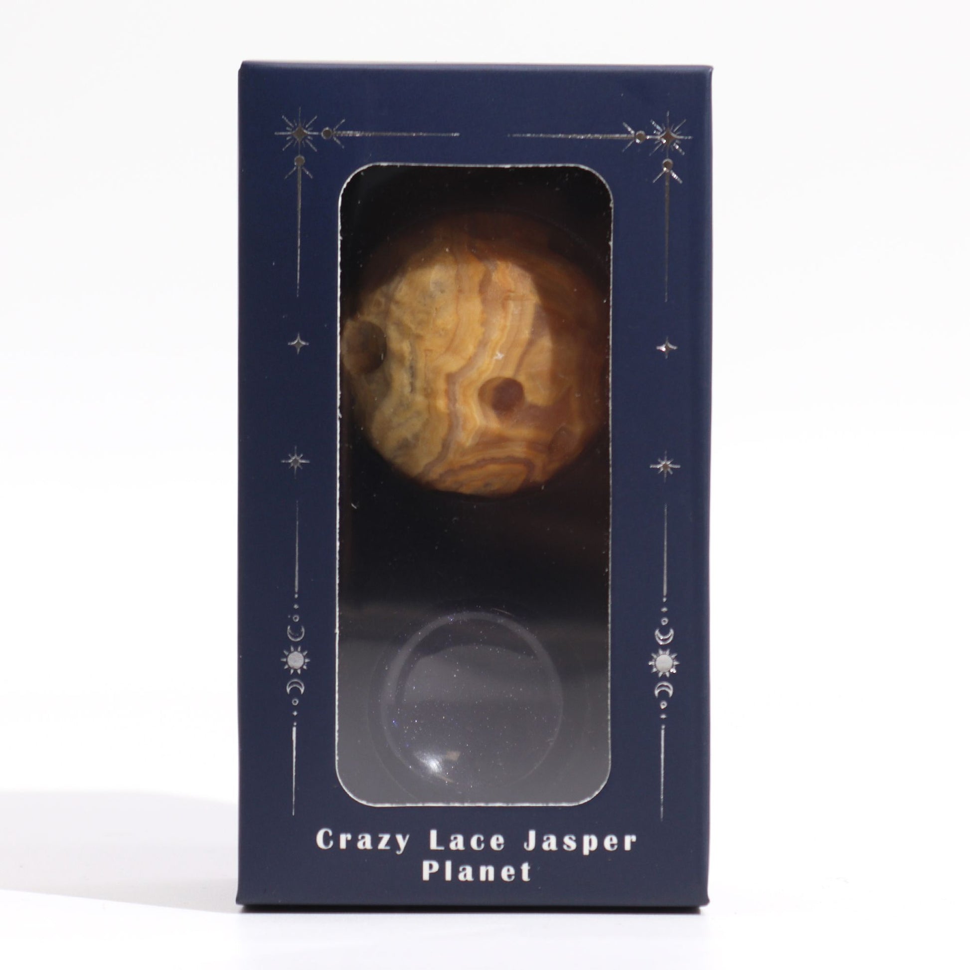Crazy Lace Jasper Planet on a Sola Goldstone Stand (MERCURY) – packaging