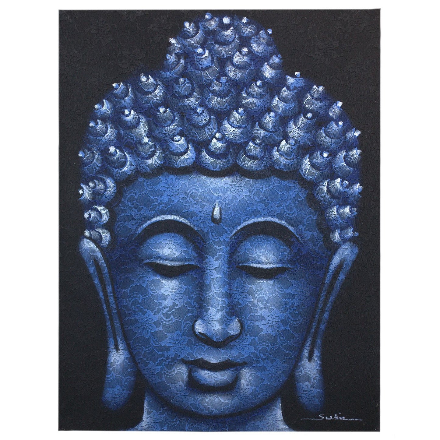 Tranquil Blue Brocade Buddha Canvas – Hand-Painted Wall Art