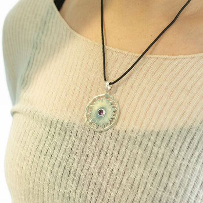 Indian Devotional Pendant - Silver Plated (45cm Cord)- Sun Worship Amethyst – detail view