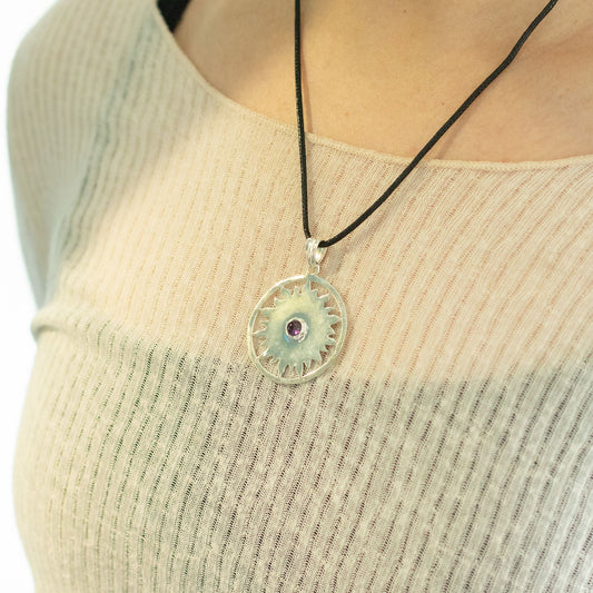 Indian Devotional Pendant - Silver Plated (45cm Cord)- Sun Worship Amethyst – detail view