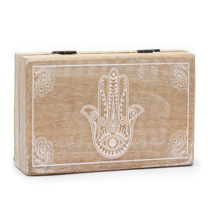 Big Rectangle Mango Wood Keepsake Box - Hamsa Whitewash
