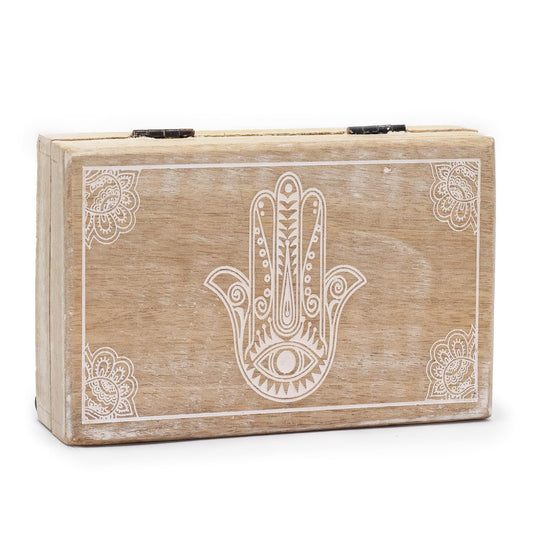Big Rectangle Mango Wood Keepsake Box - Hamsa Whitewash