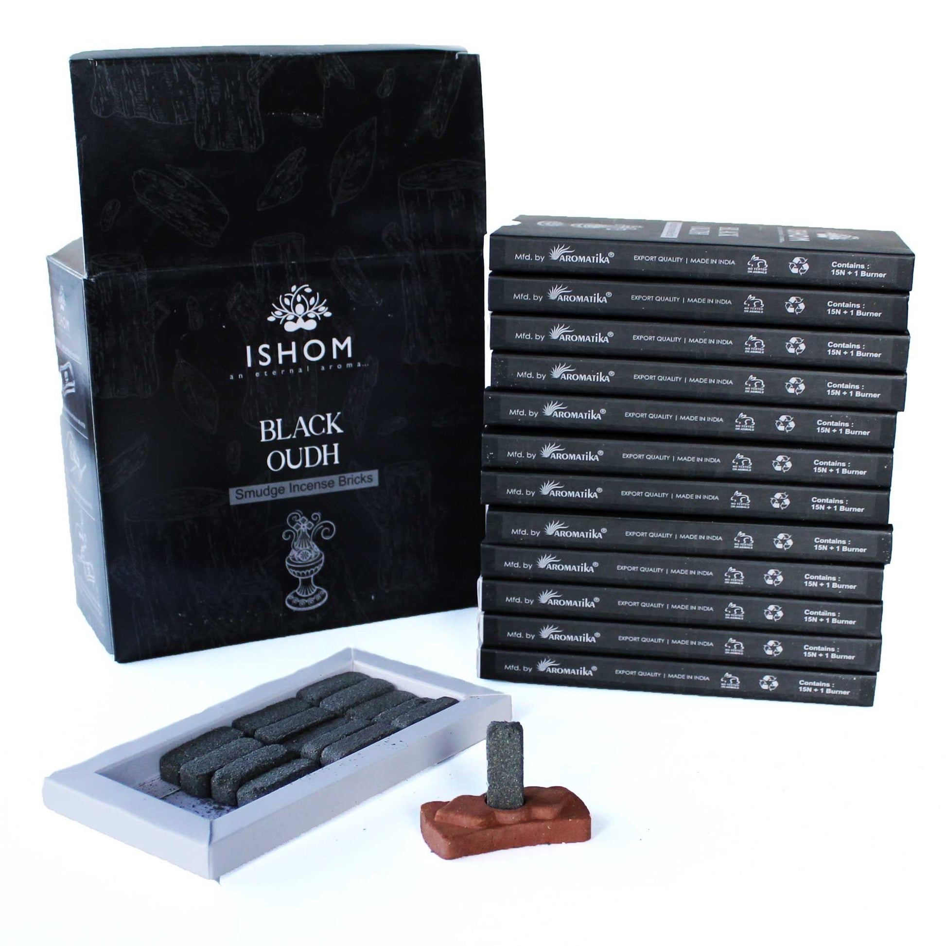 Pack of 15 Natural Incense Smudge Bricks and Burner - Black Wood | Auro & Co