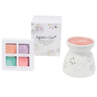 Ceramic Floral Wax Melt Burner with 4 Soy Wax Melts - Agnes + Cat