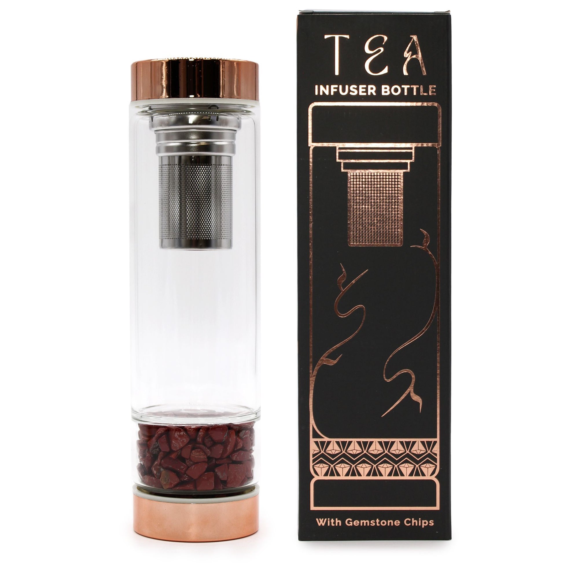 Crystal Glass Tea Infuser Bottle - Rose Gold - Red Jasper | Auro & Co