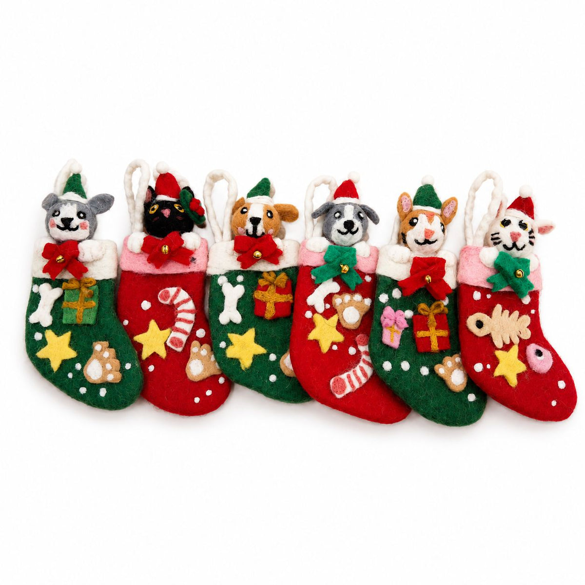 Felt Christmas Pet Stockings, Set of 6, Cat & Dog Designs