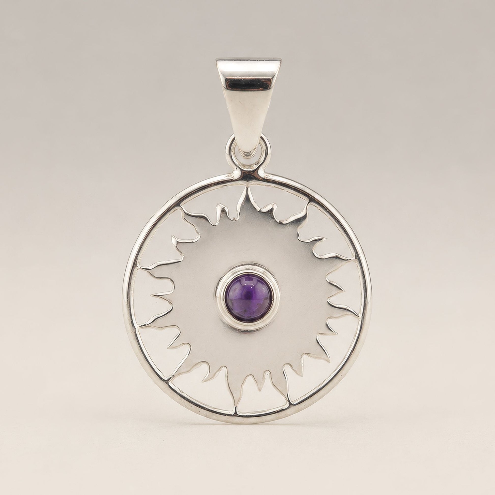 Indian Devotional Pendant - Silver Plated (45cm Cord)- Sun Worship Amethyst – packaging