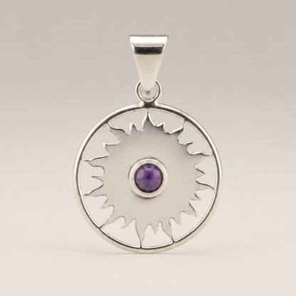 Indian Devotional Pendant - Silver Plated (45cm Cord)- Sun Worship Amethyst – packaging