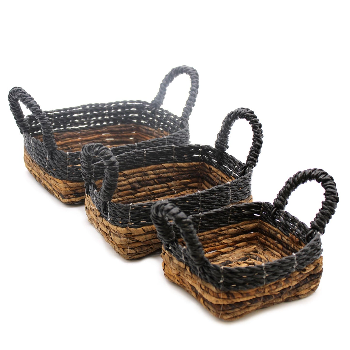Banana Leaf & Black Raffia Square Basket – Set of 3