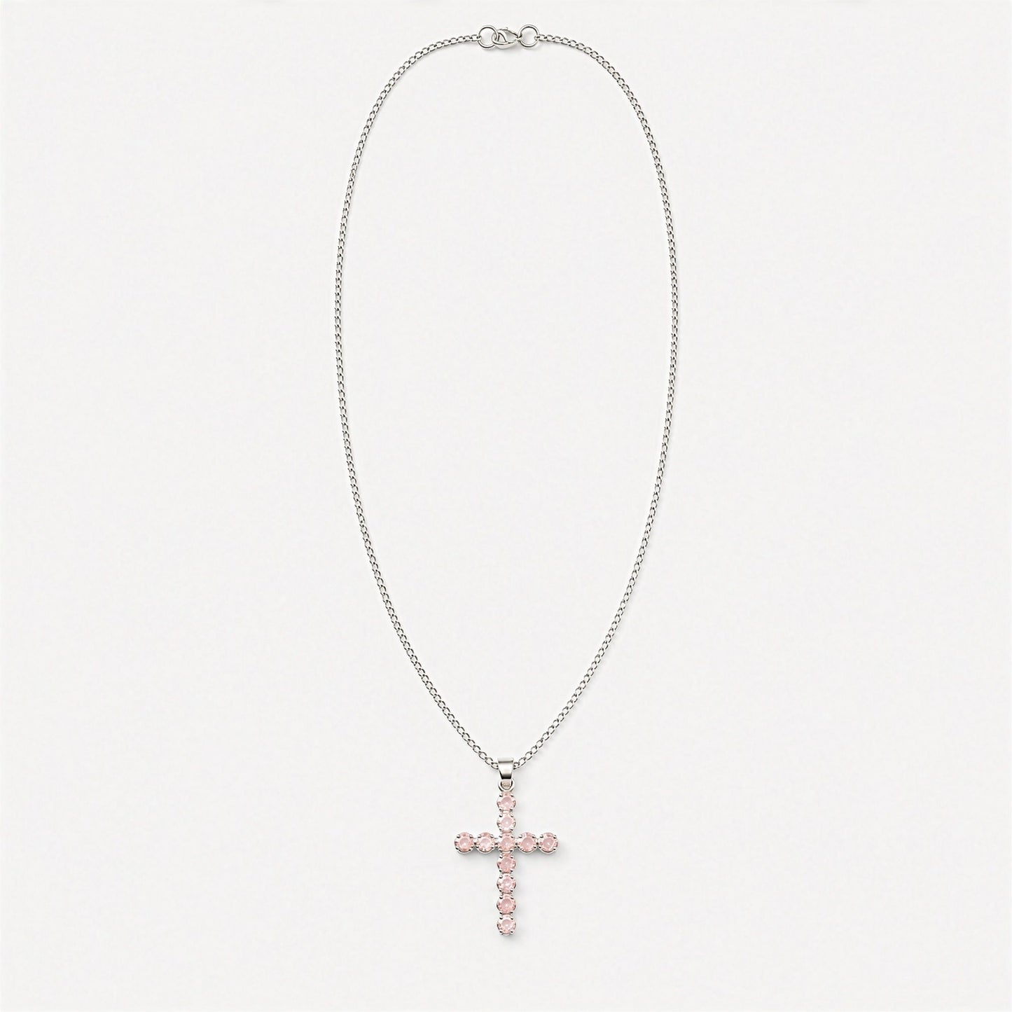 Indian Devotional Pendant - Silver Plated (45cm Chain)- Rose Quartz Crucifix | Auro & Co