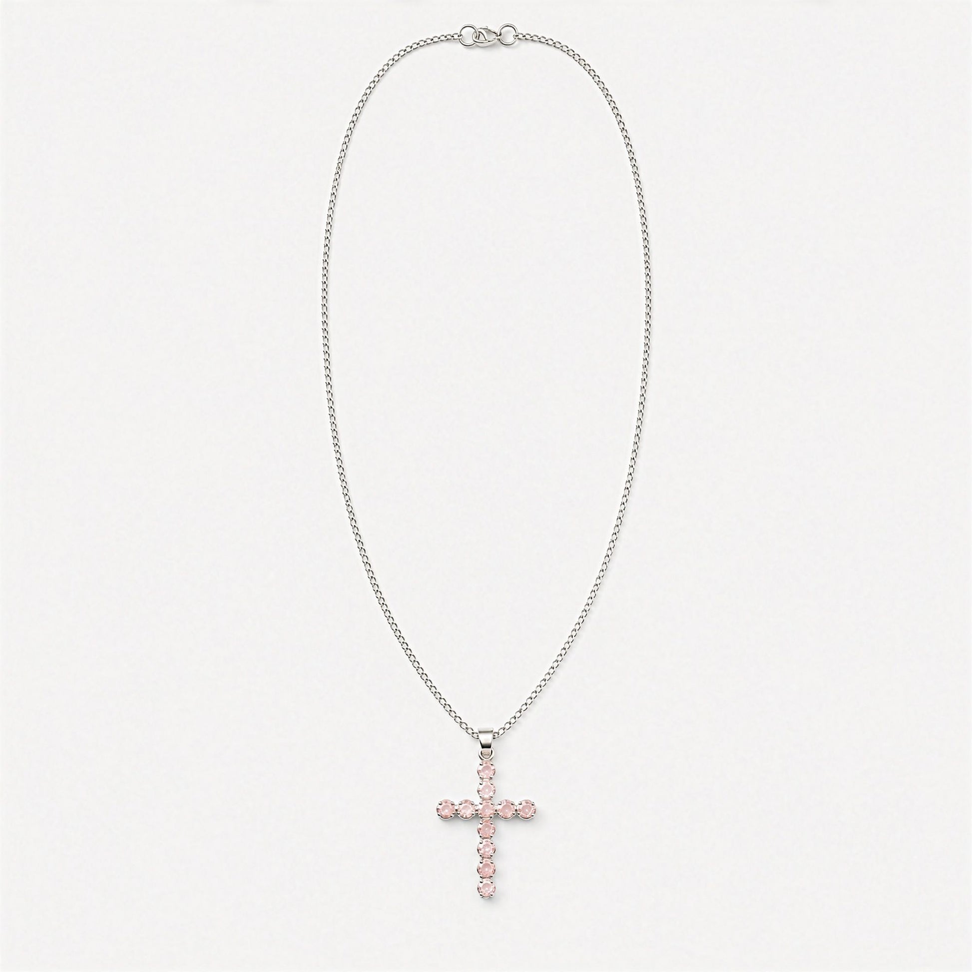 Indian Devotional Pendant - Silver Plated (45cm Chain)- Rose Quartz Crucifix | Auro & Co