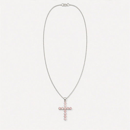 Indian Devotional Pendant - Silver Plated (45cm Chain)- Rose Quartz Crucifix | Auro & Co
