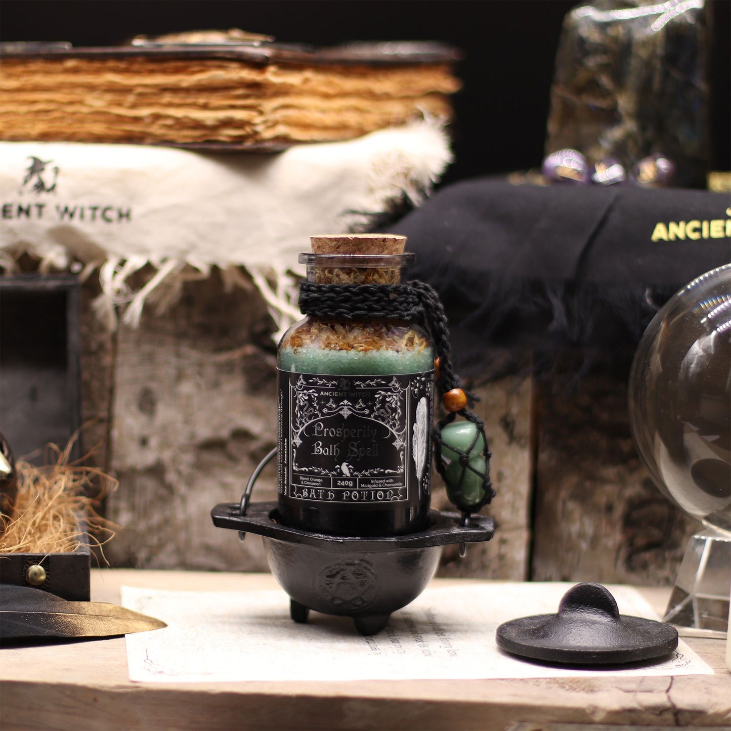 Ancient Witch Bath Spell Potion & Aventurine Crystal Amulet - Prosperity – packaging