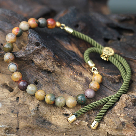 18K Gold Plated Gemstone Moss String Bracelet -  Picasso Jasper – detail view