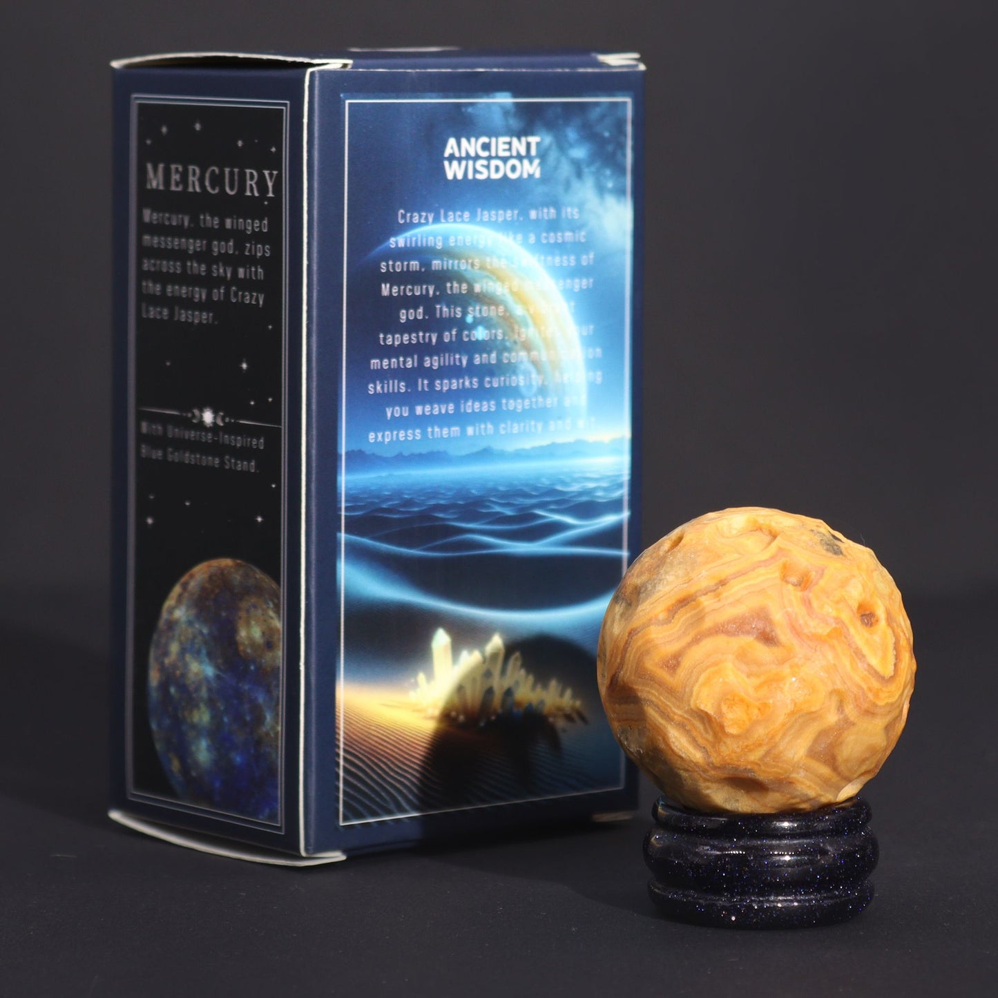 Crazy Lace Jasper Planet on a Sola Goldstone Stand (MERCURY) – product image 6